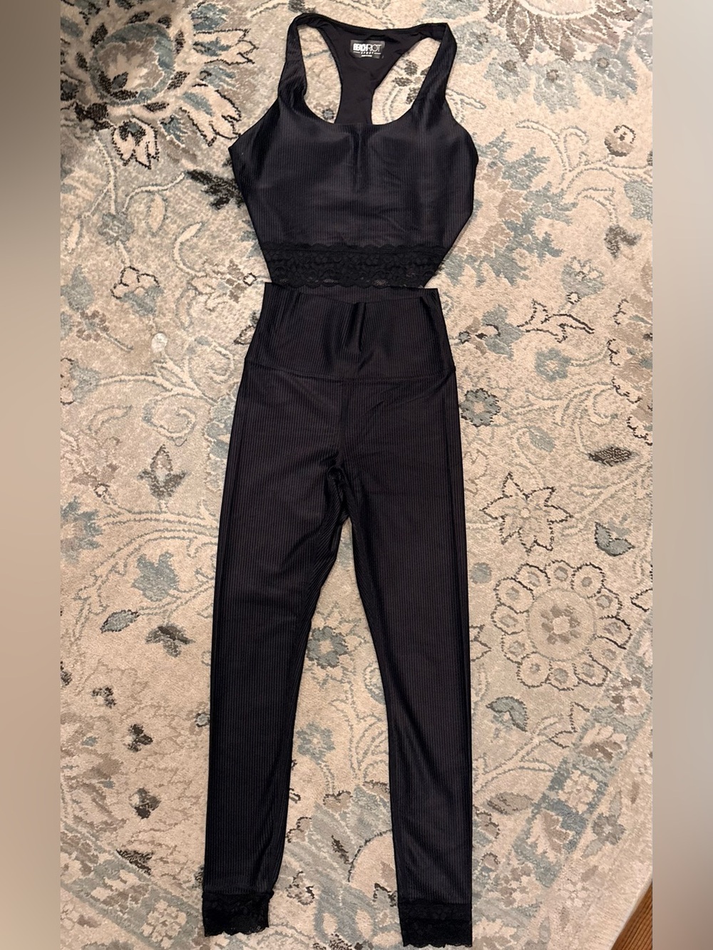 Beach Riot Black Ribbed High-Waist Leggings & Lace-Trim Sports Bra Set